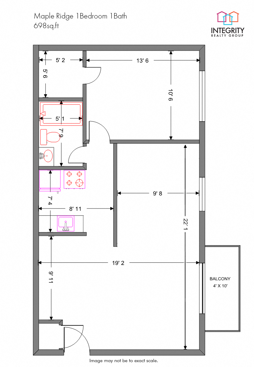 Floor plan for 1 bed, 1 bath, 700 sqft